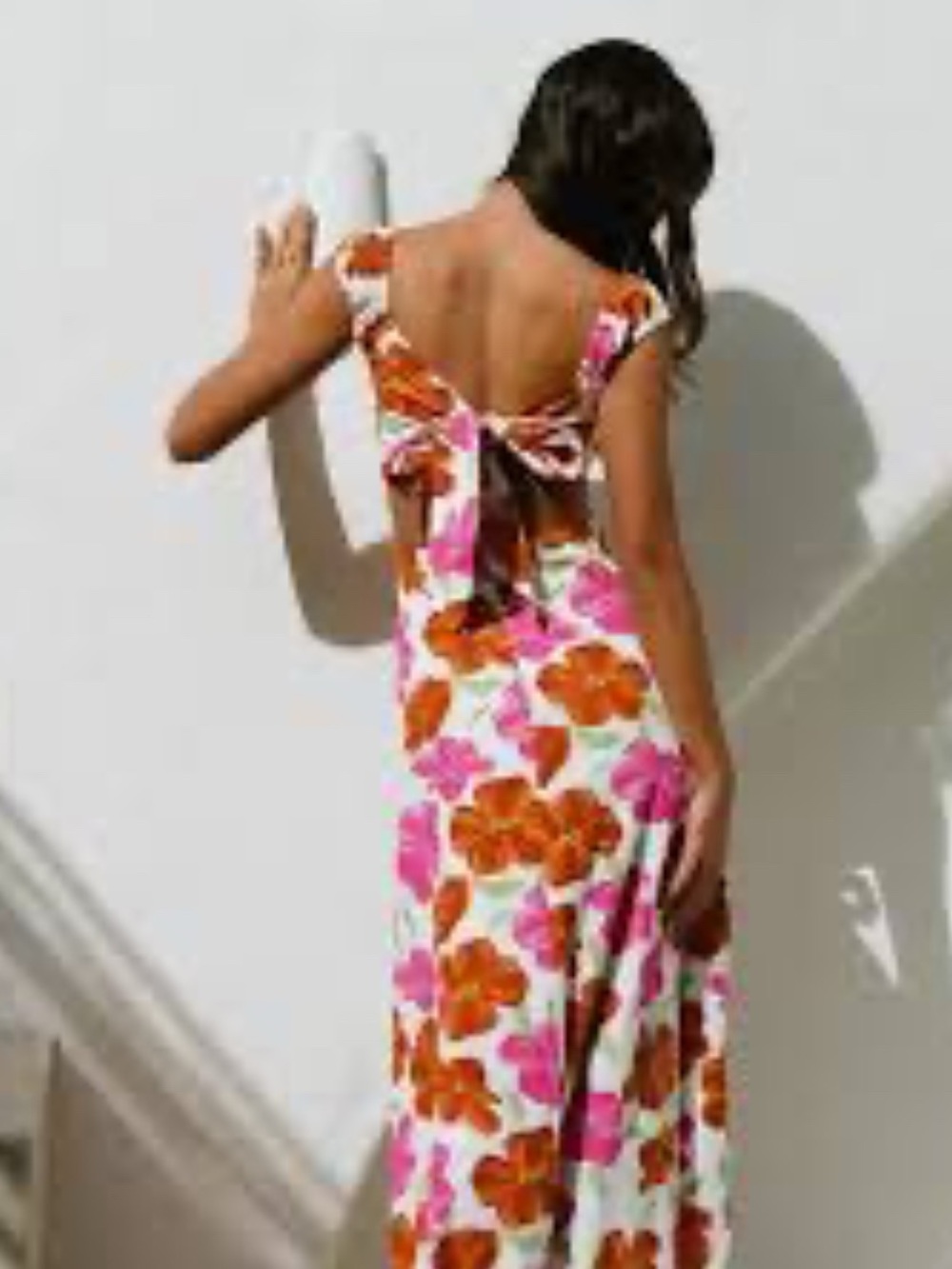 Floral Tie-Back Midi Dress in White with Pink & Orange Blooms - Picture 2 of 5